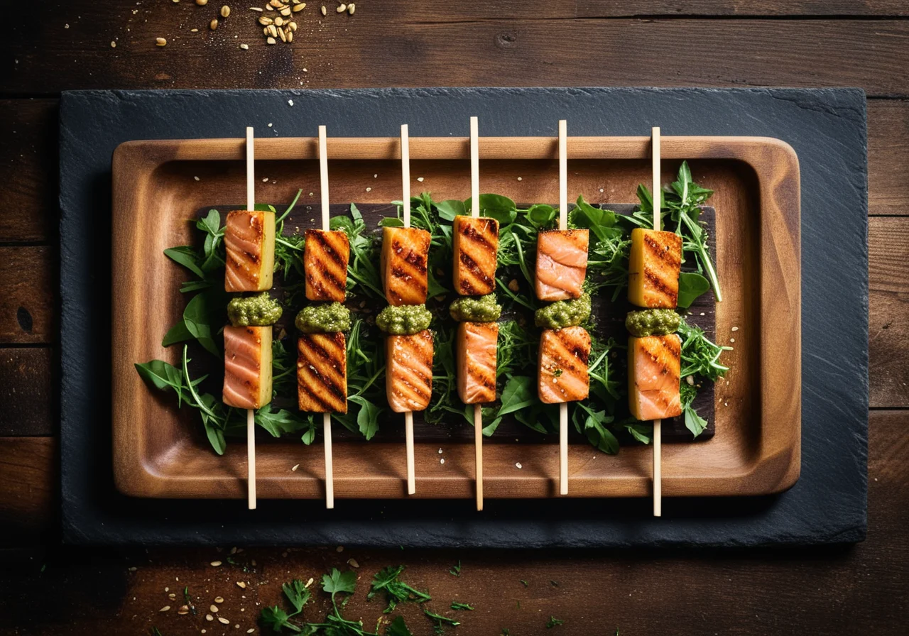 Potato Skewers with Salmon and Arugula Pesto
