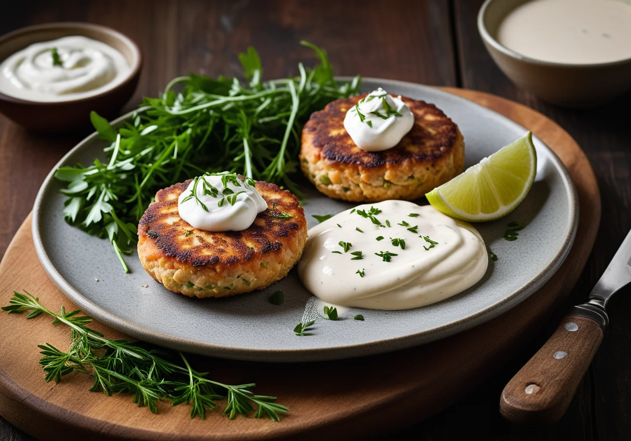 Salmon Patties with Arugula and Sour Cream