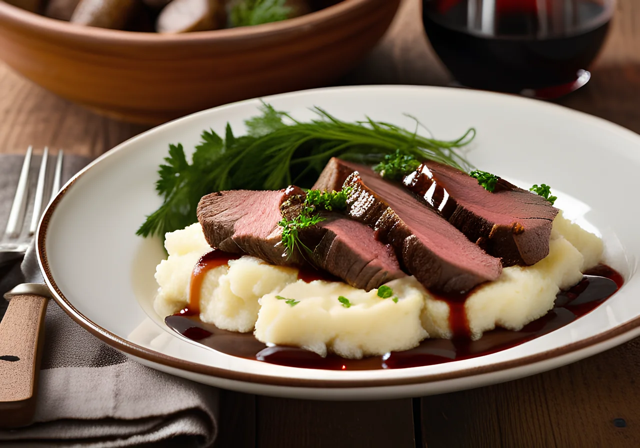 Braised Beef Top Round with Mashed Potatoes and Porcini Mushroom Vegetables