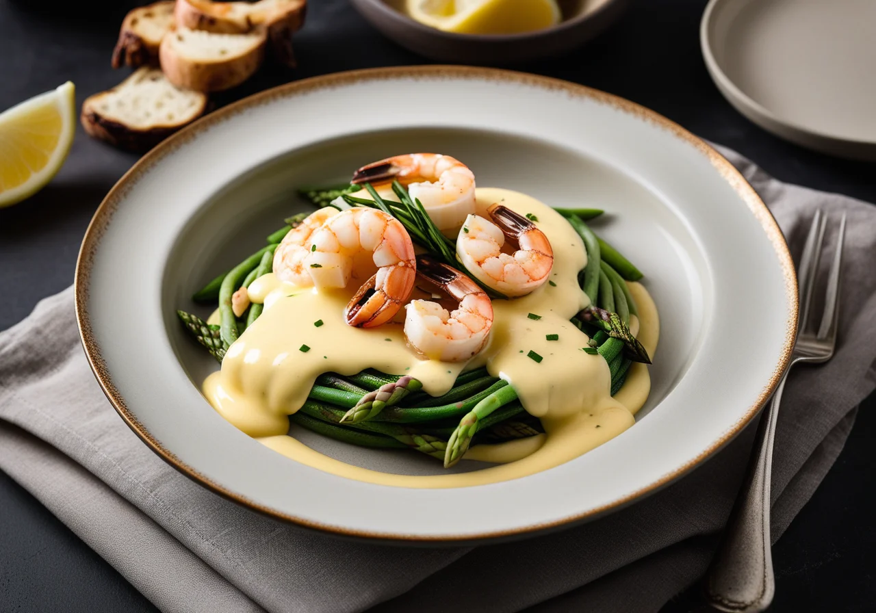 White asparagus with shrimp and green noodles