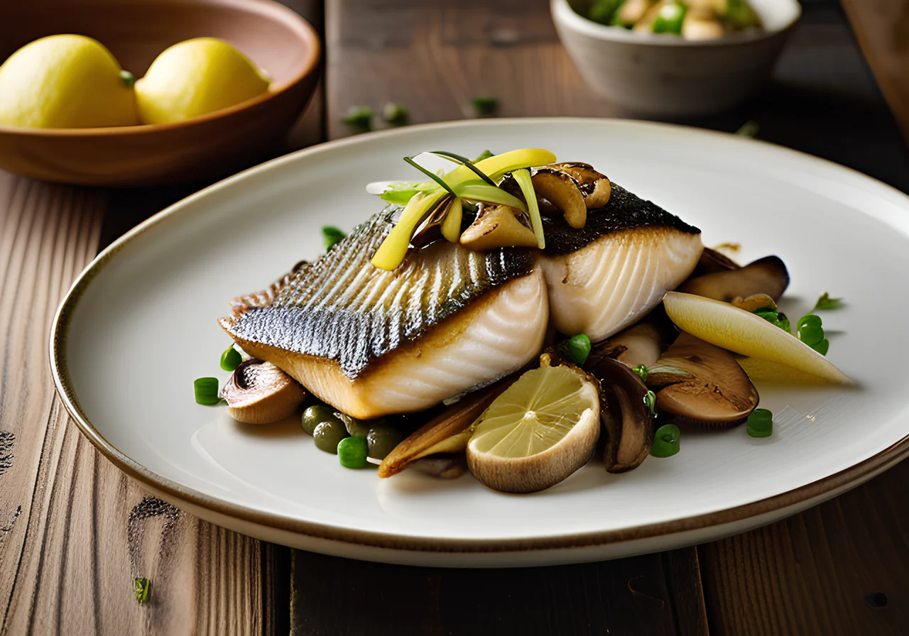 Sea bass fillets with sautéed mushrooms