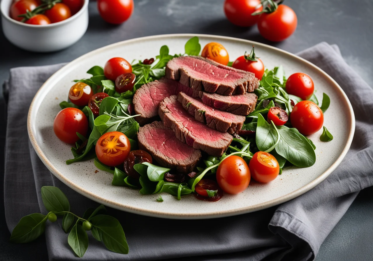 Plate of Fillet Slices on Leafy Salad
