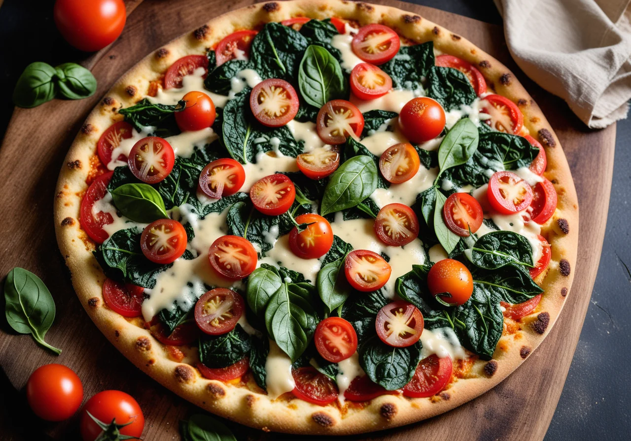 Cauliflower Pizza with Flaxseed, Spinach and Parmesan