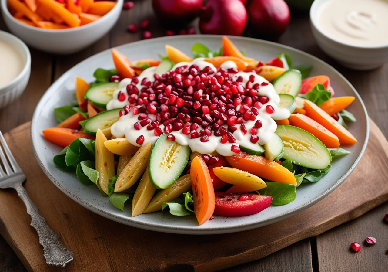 Pasta on Colorful Salad with Yogurt Dressing