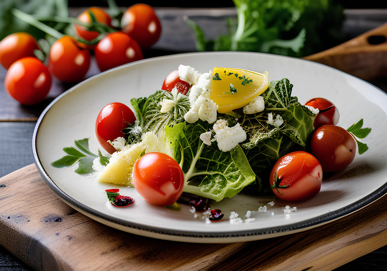 Pan‑fried Savoy cabbage with tomatoes, cheese and dandelion