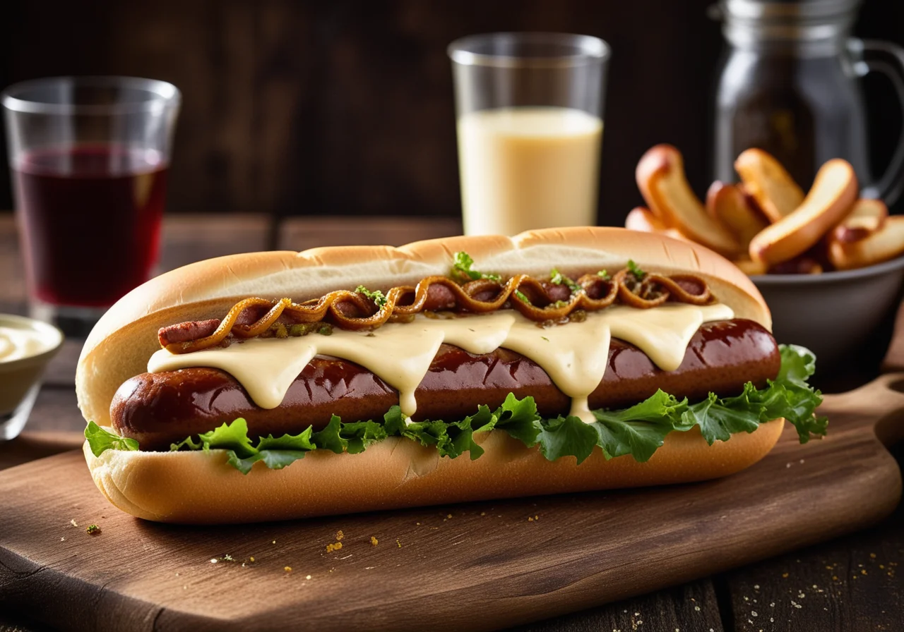 Hotdog with sausages, brown onions and mayonnaise