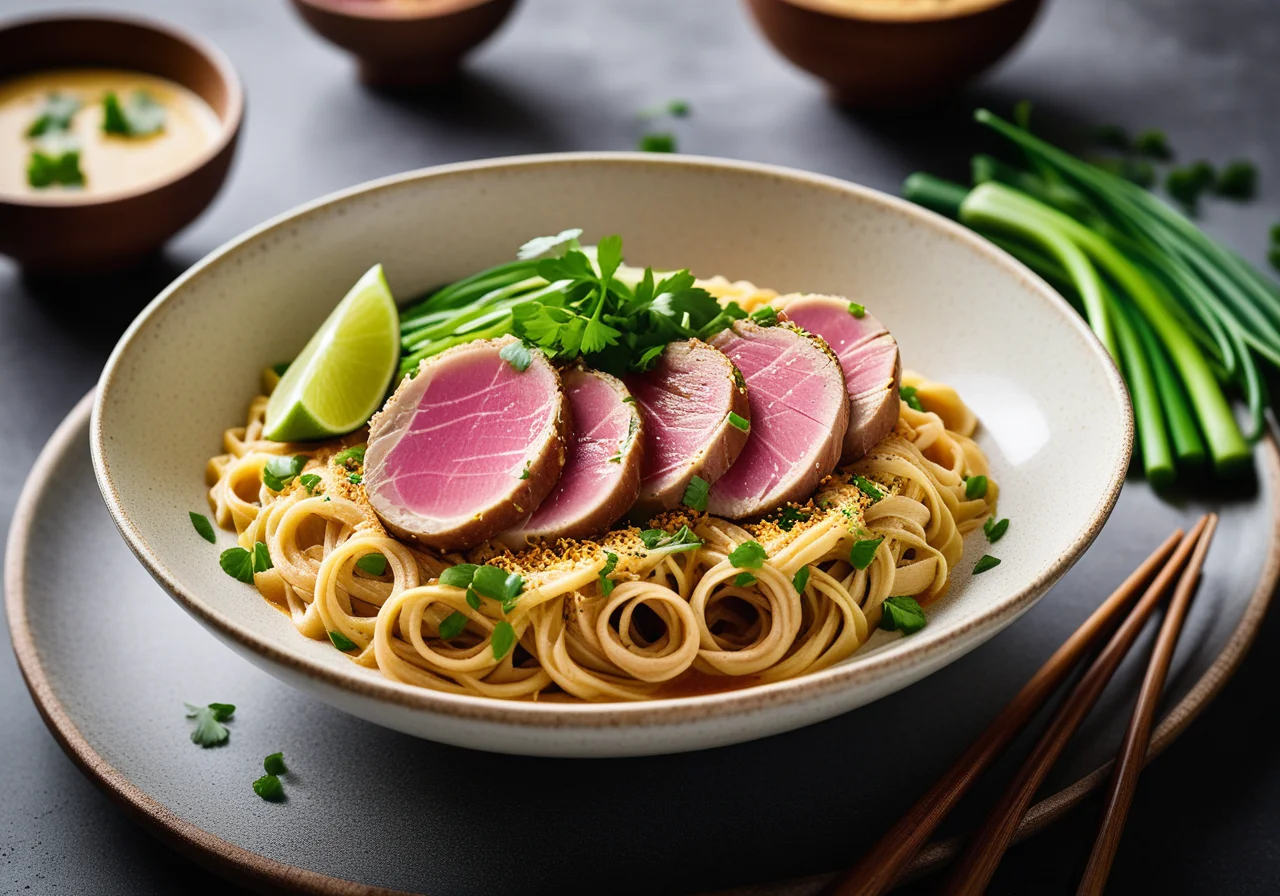 Rice Noodles in Curry Sauce with Sprouts and Scallions