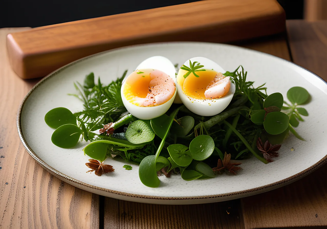 Watercress Salad with Asparagus, Poached Salmon and Eggs