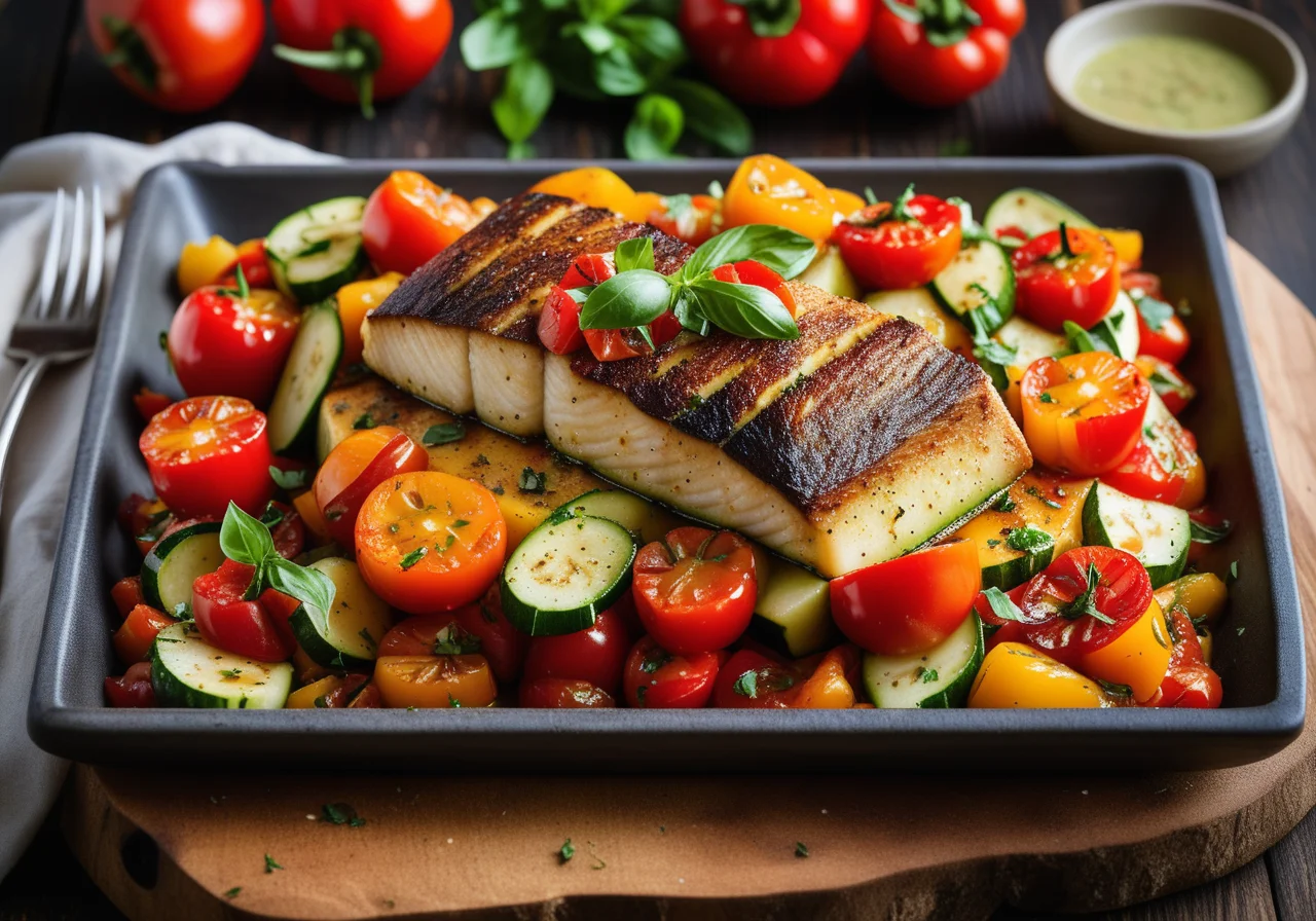 Sea bass fillet on ratatouille vegetables