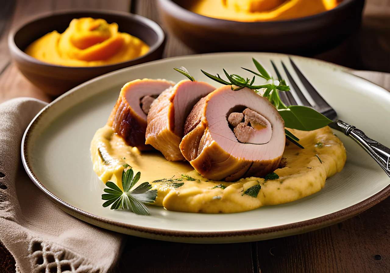 Turkey Roll with Basil Filling on Sweet Potato Mash