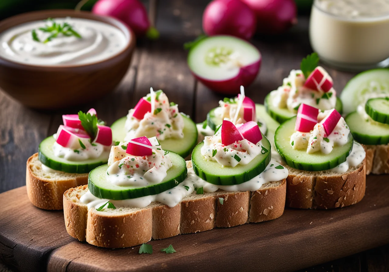 Bread Bites with Cucumbers and Crabs