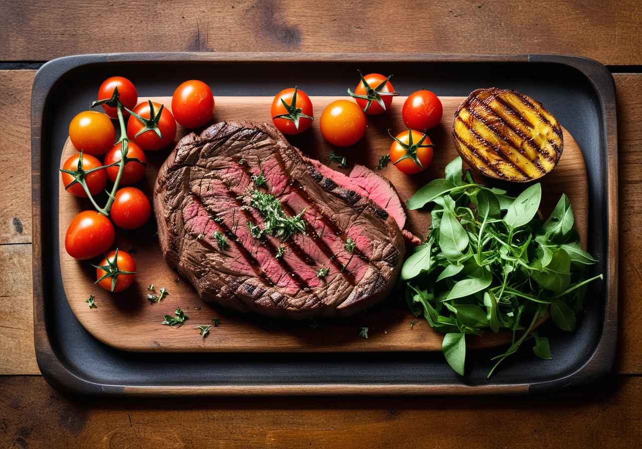 Steak with Herb Butter, Baked Potatoes and Tomatoes