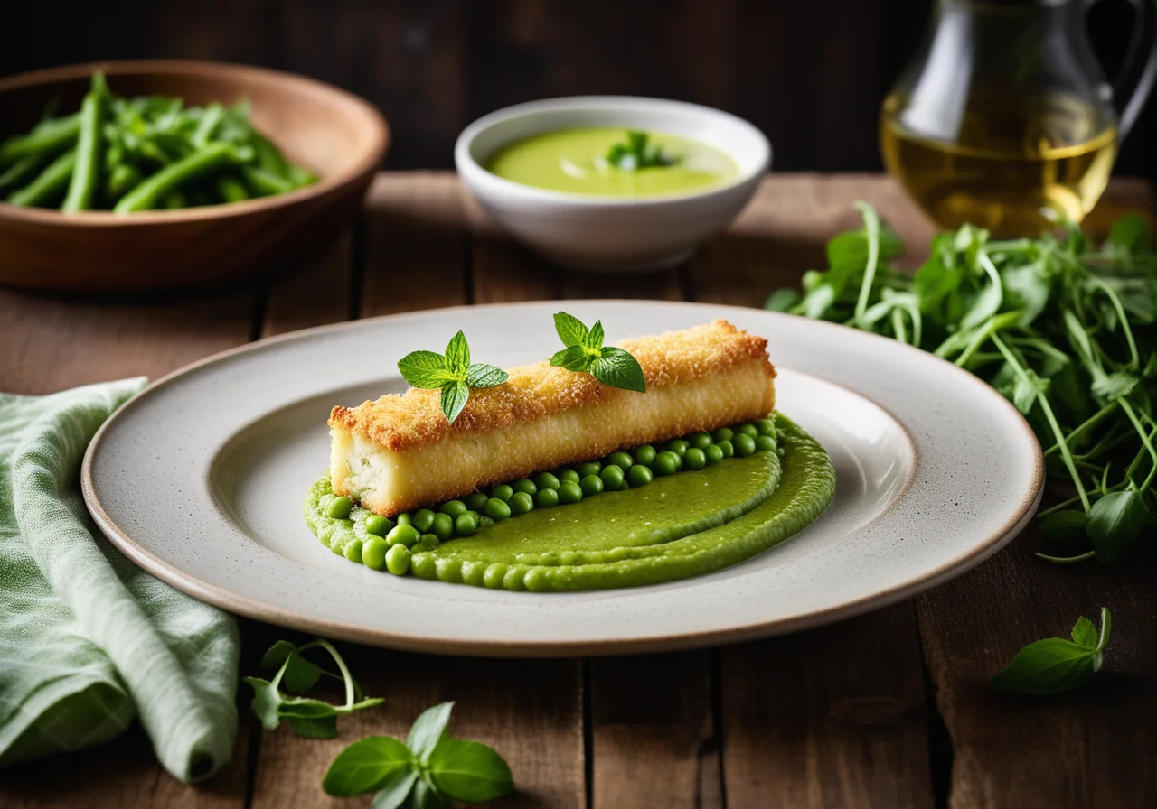 Fish sticks from the air fryer on pea puree
