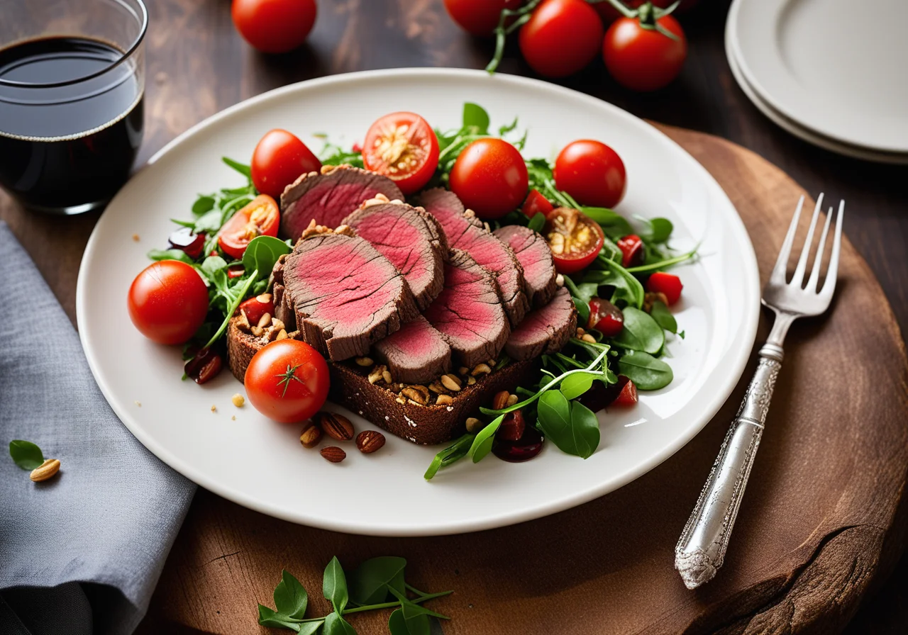 Nut Bread with Beef Fillet and Lentil Salad