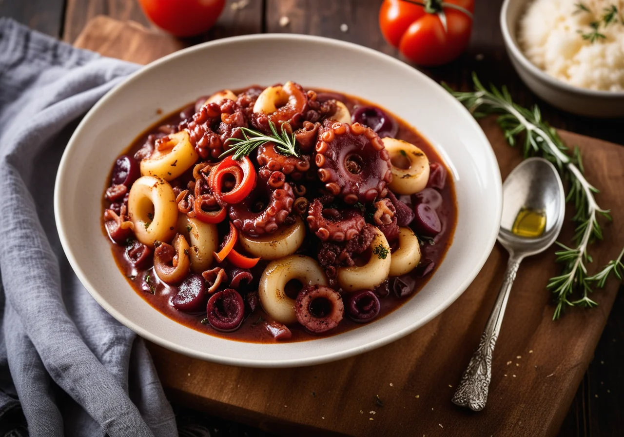 Octopus ragout with onions and red wine