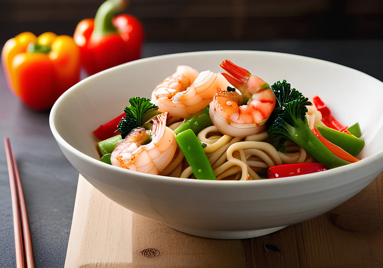 Asian Noodle Stir-Fry with Shrimp, Vegetables and Sesame