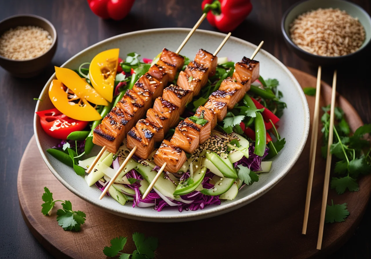 Baked Salmon Skewers with Asian Salad
