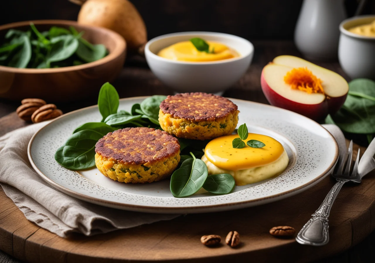 Pear Puree with Carrot Patties and Spinach Salad