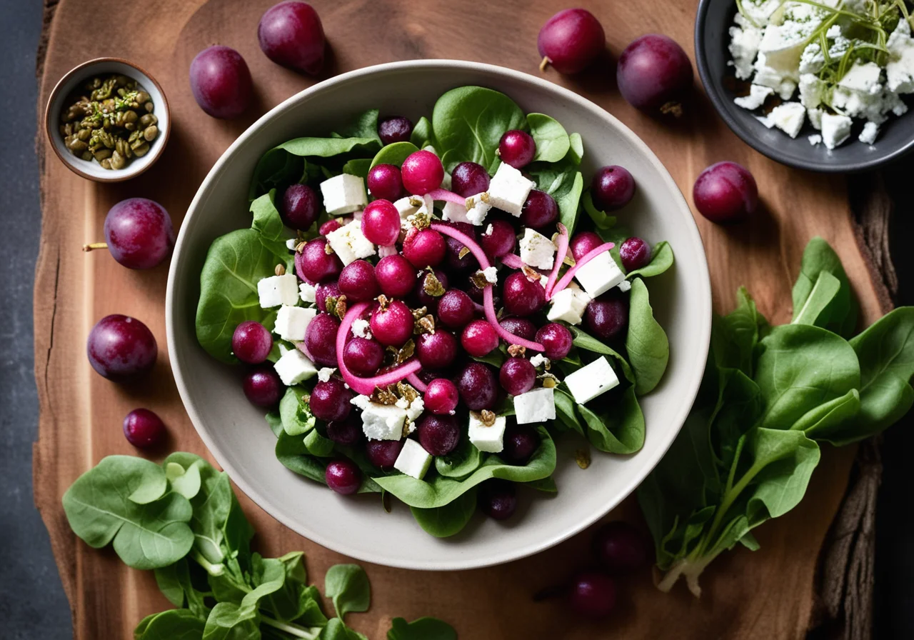 Rapunzel with Beetroot, Grapes, Capers and Goat Cheese