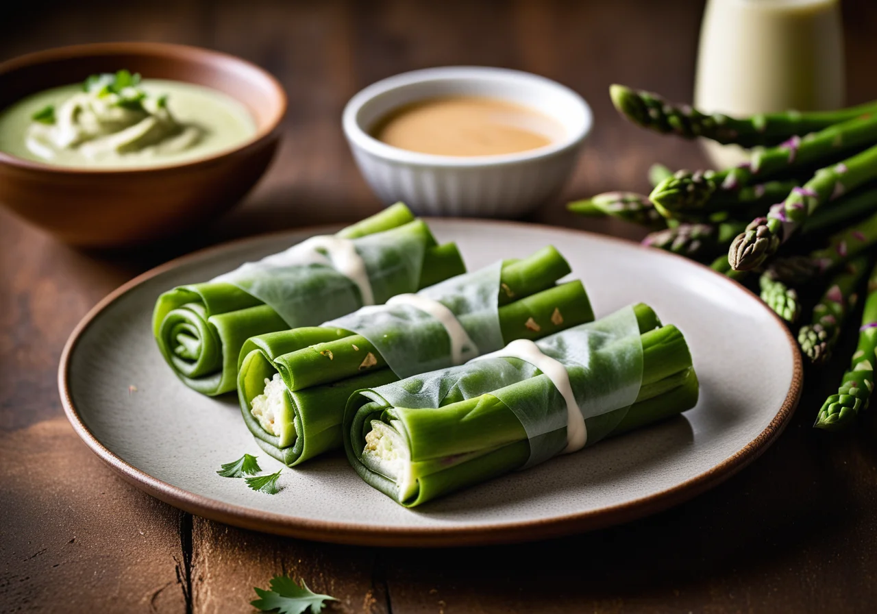 Green Asparagus in Rice Paper with Spicy Peanut Cucumber Dip