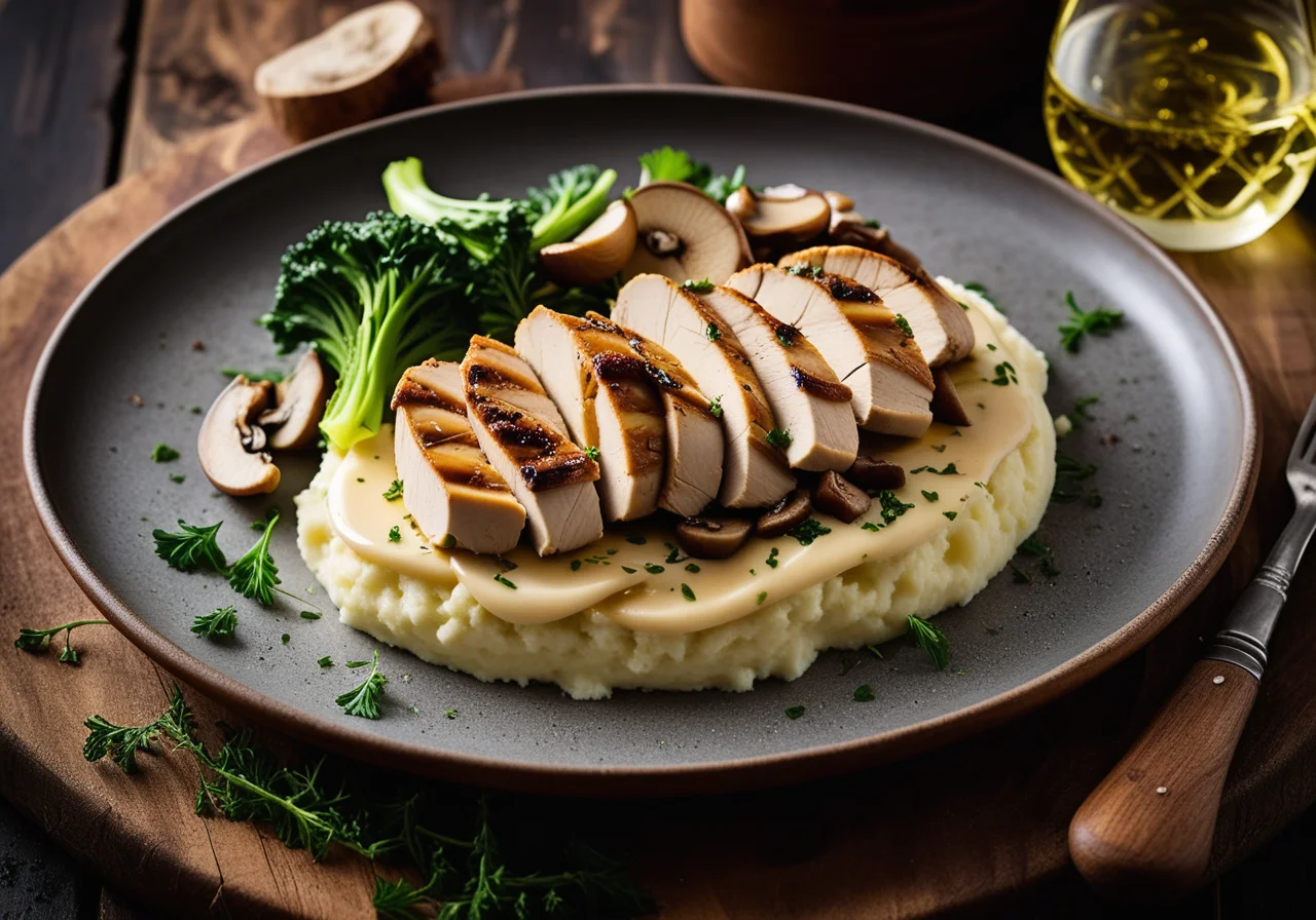 Chicken Breast and Mashed Potatoes with Mushrooms and Savoy Cabbage