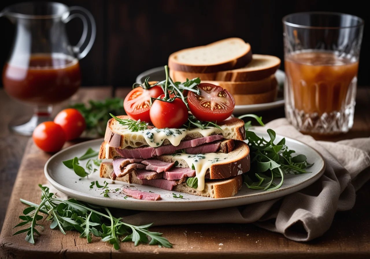 Bread with Steak, Braised Tomatoes and Rocket
