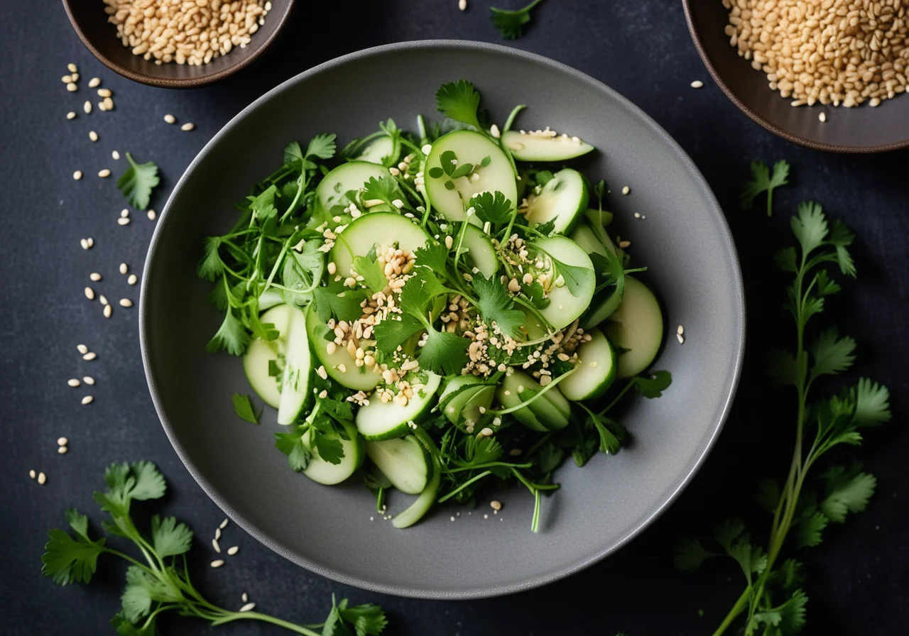 Kohlrabi salad with pea sprouts and sesame vinaigrette
