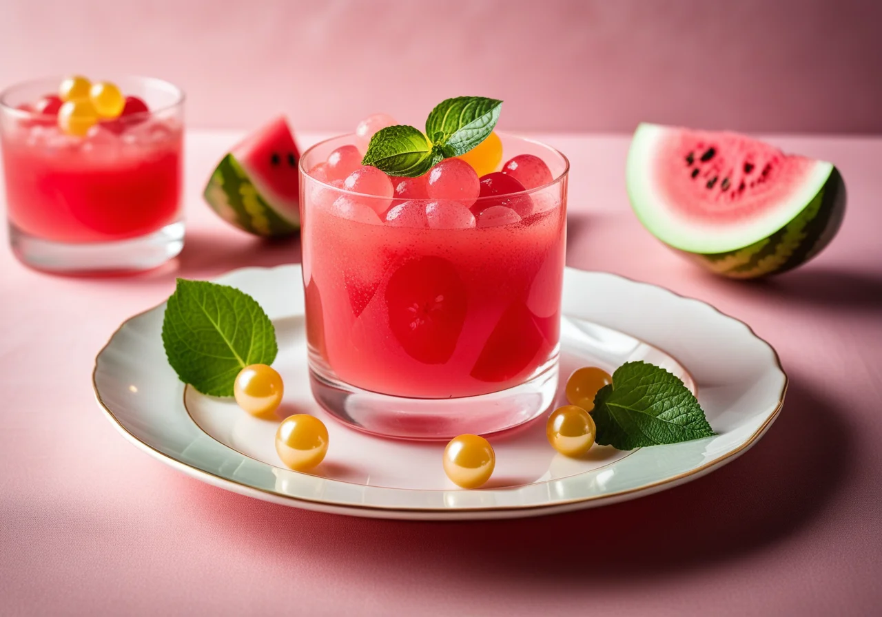 Watermelon Jelly with Honey Melon Pearls