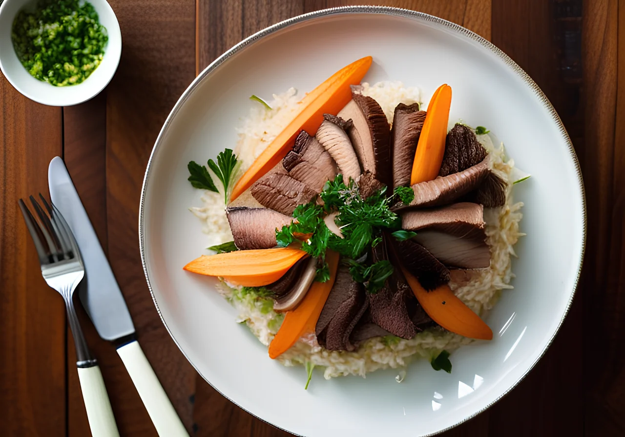 Carrot Rice with Beef Strips, Oyster Mushrooms and Pak Choi