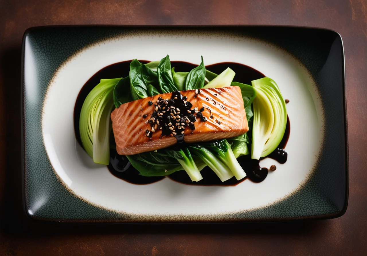 Pan‑fried Salmon Fillet with Pak Choi and Dark Sauce