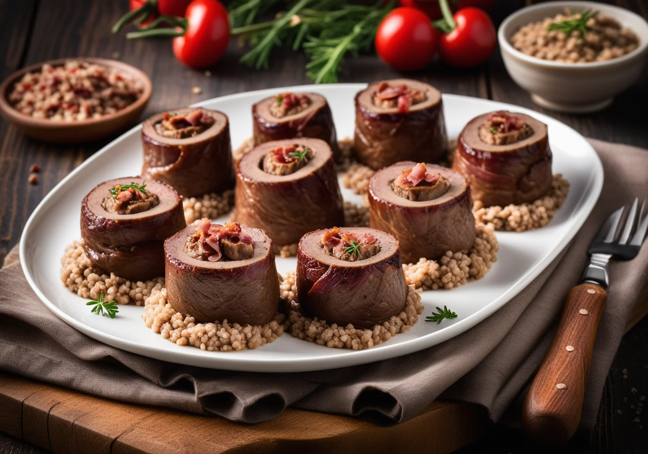 Beef Roulades Filled with Mushrooms and Bacon on Buckwheat