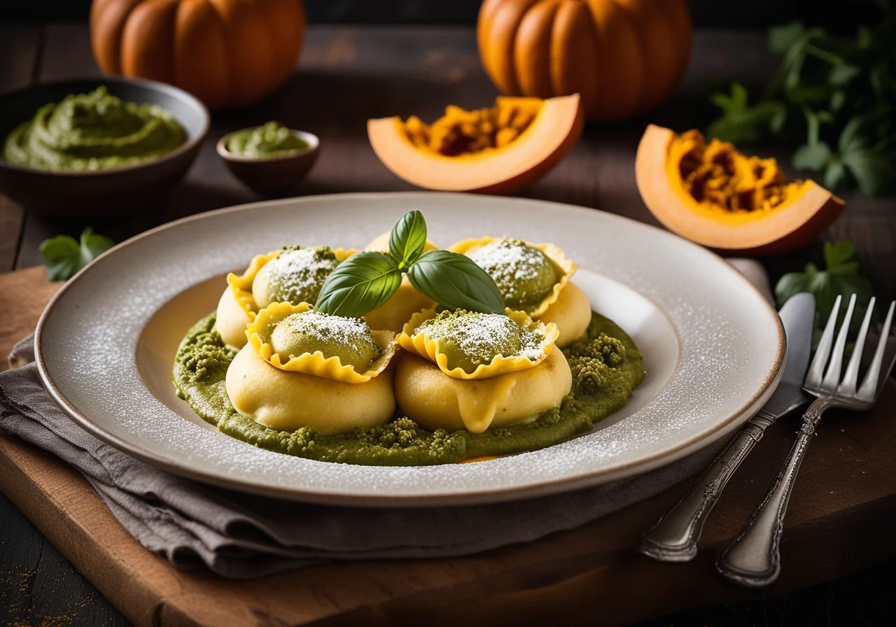 Ravioli with Ricotta, Pesto and Pumpkin Puree