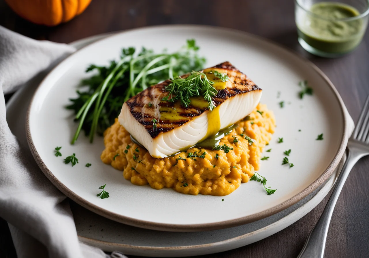 Cod Fillet with Pumpkin Mash and Herb Sauce