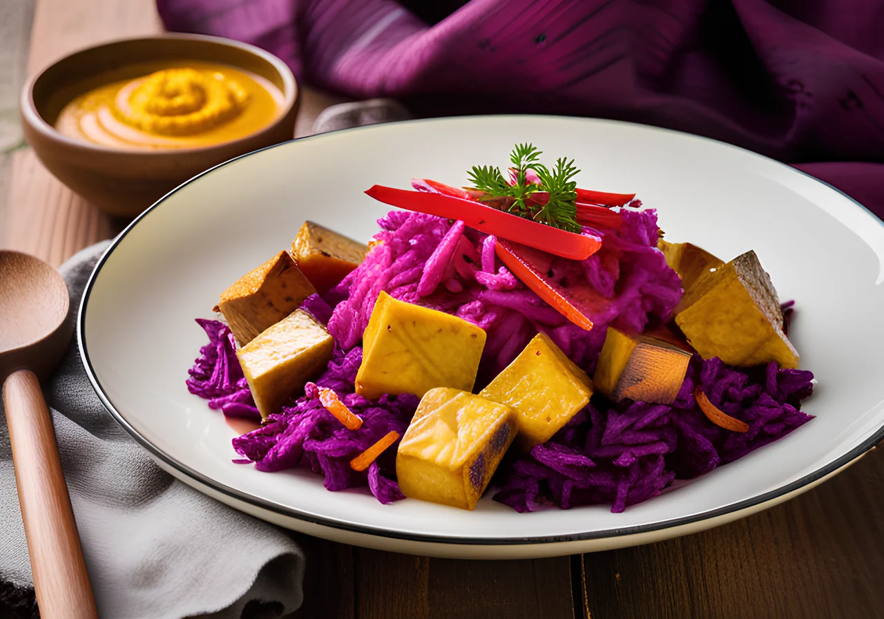 Vegetable Tofu Curry with Red Cabbage Strips and Beetroot Rice