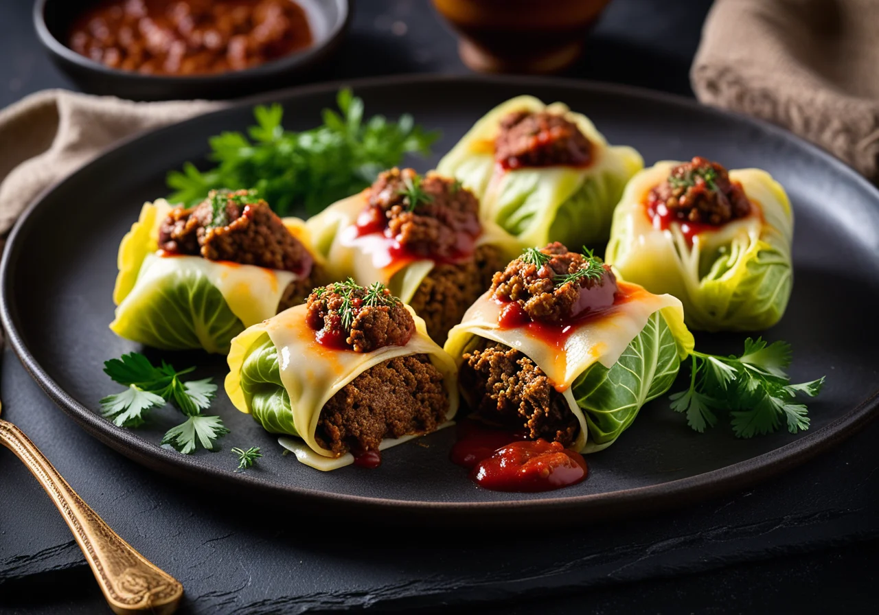 Red Cabbage Rolls with Ground Meat Filling and Potatoes
