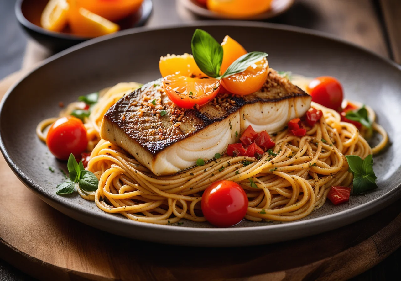 Sea Bass with Pasta in Orange Sauce