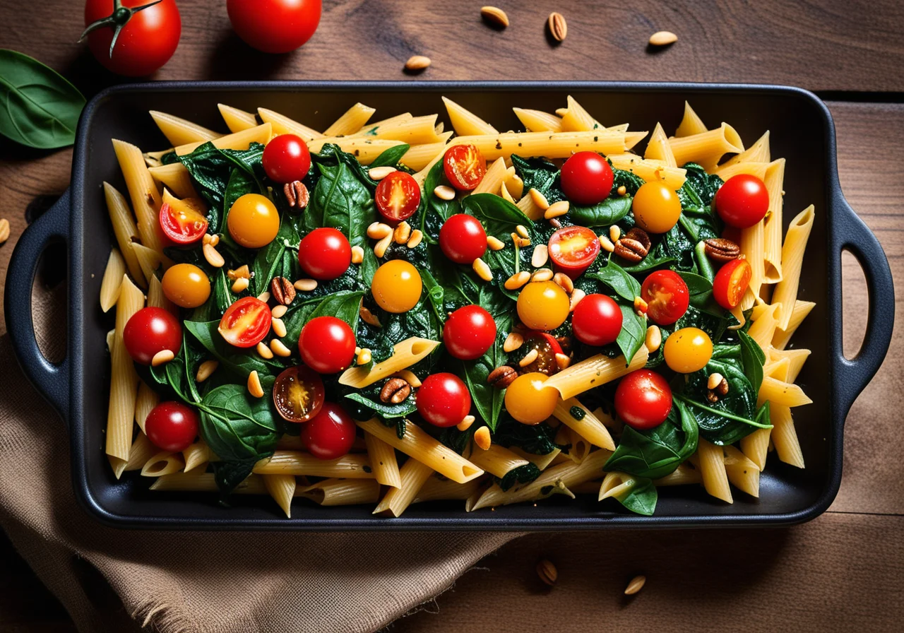 Pasta with Spinach, Cherry Tomatoes and Pine Nuts