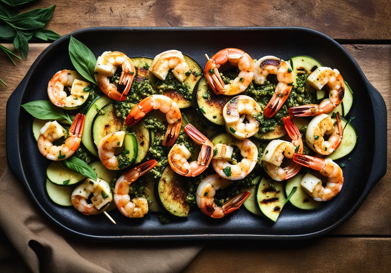 Shrimp Skewers with Pesto on Grilled Vegetables