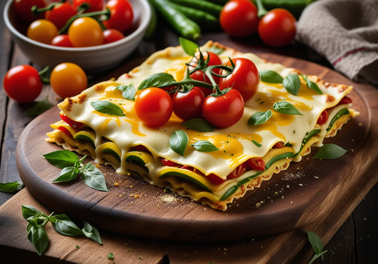 Lasagna sheets with cherry tomatoes, eggplant and zucchini