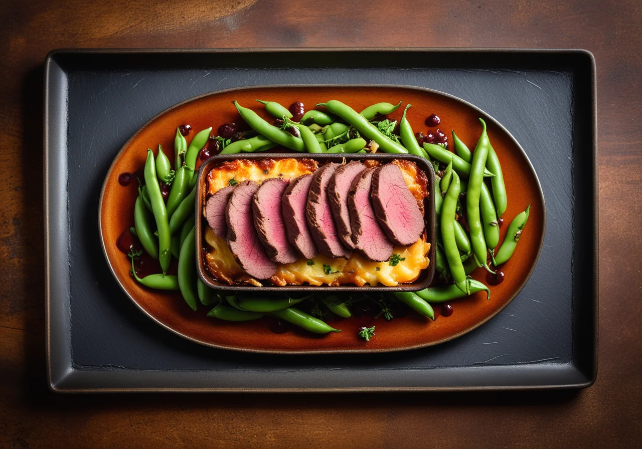 Beef Sirloin Steaks with Potato Gratin and Beans