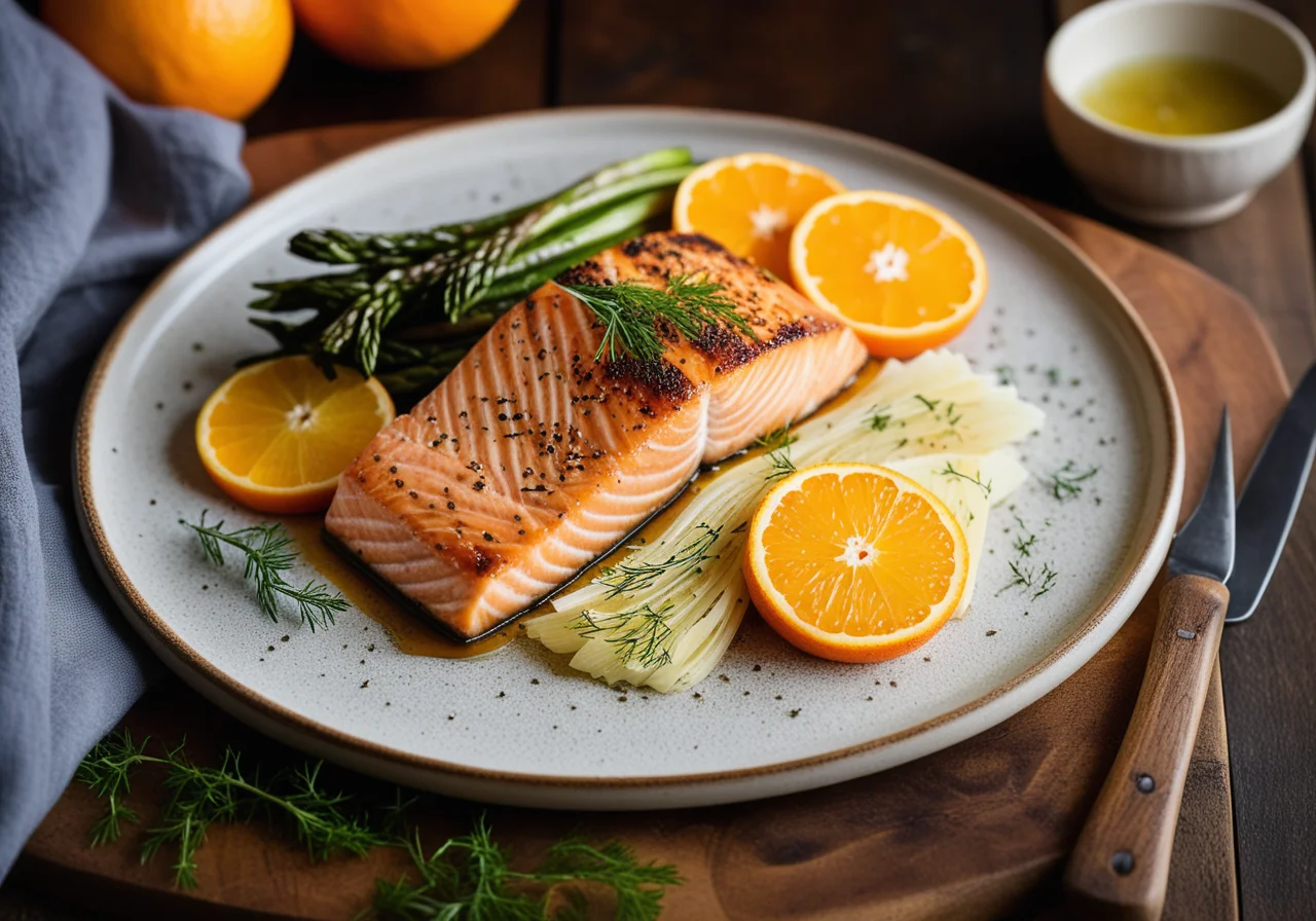 Oven-Baked Salmon Fillets on Orange-Fennel Vegetables