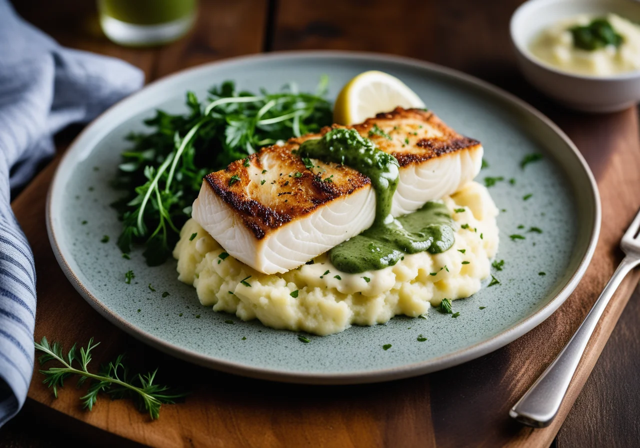 Cod with Garlic Mashed Potatoes and Green Marinade
