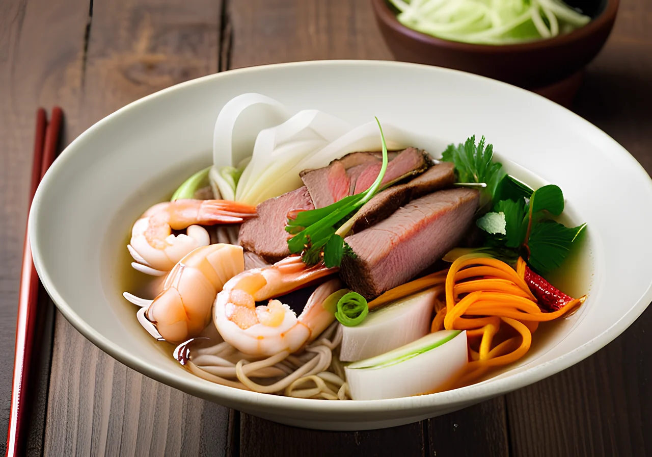 Asian Noodle Soup with Vegetables and Meat