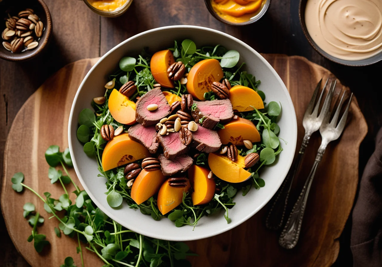 Pumpkin Salad with Thin Beef Strips and Watercress