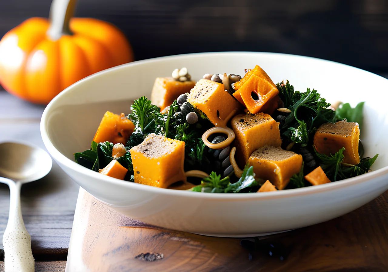 Warm Lentil Pasta Salad with Pumpkin, Kale and Tahini Dressing