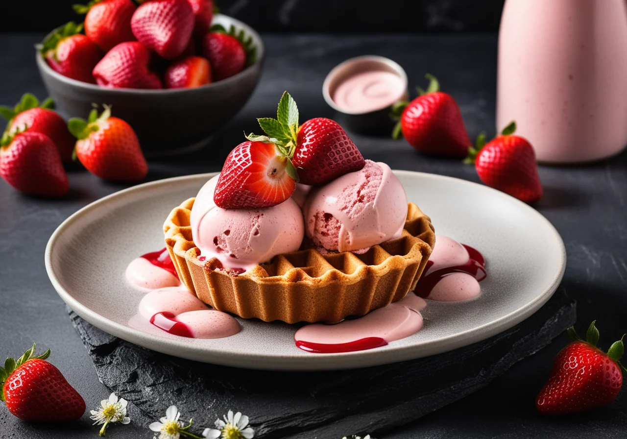 Strawberry Ice Cream with Elderflower Syrup and Waffle Rings