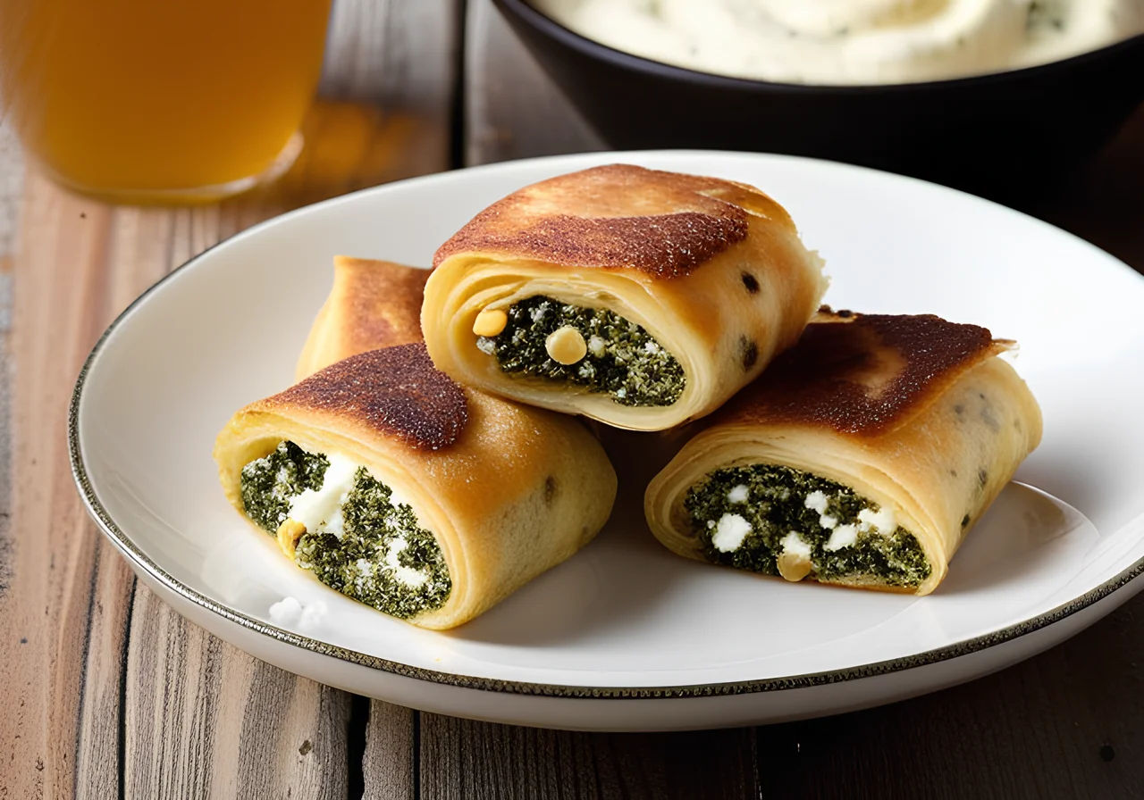 Spinach, Feta, and Pine Nut Pancake Rolls