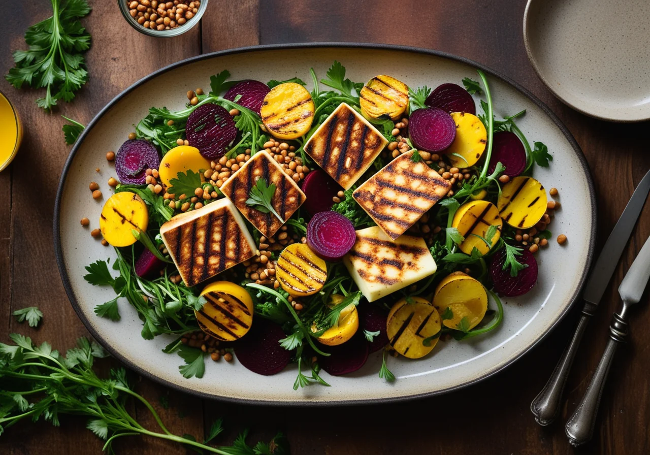 Halloumi on Lentil-Chickpea-Beet Salad