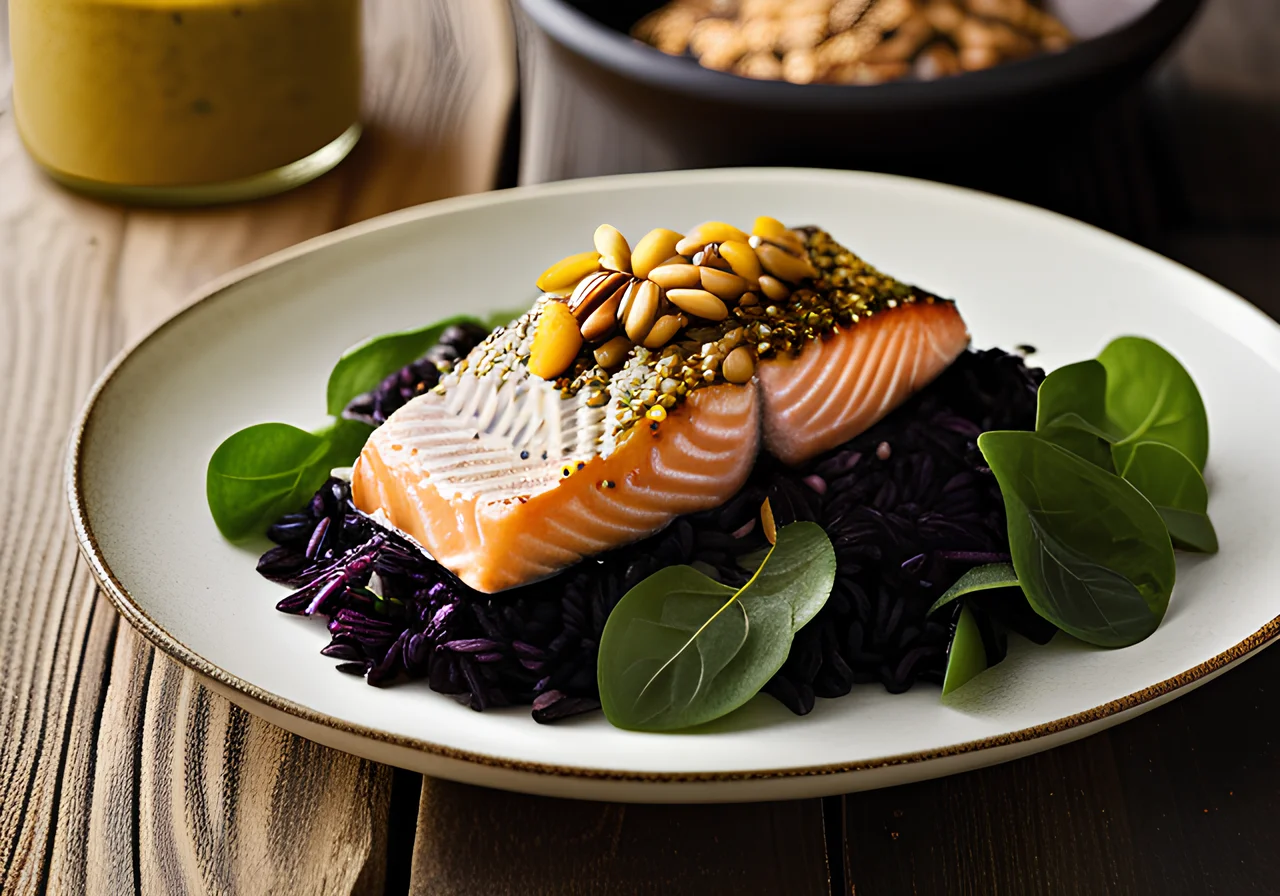 Salmon with Sunflower Seed Mustard Crust, Herb Sauce and Black Rice