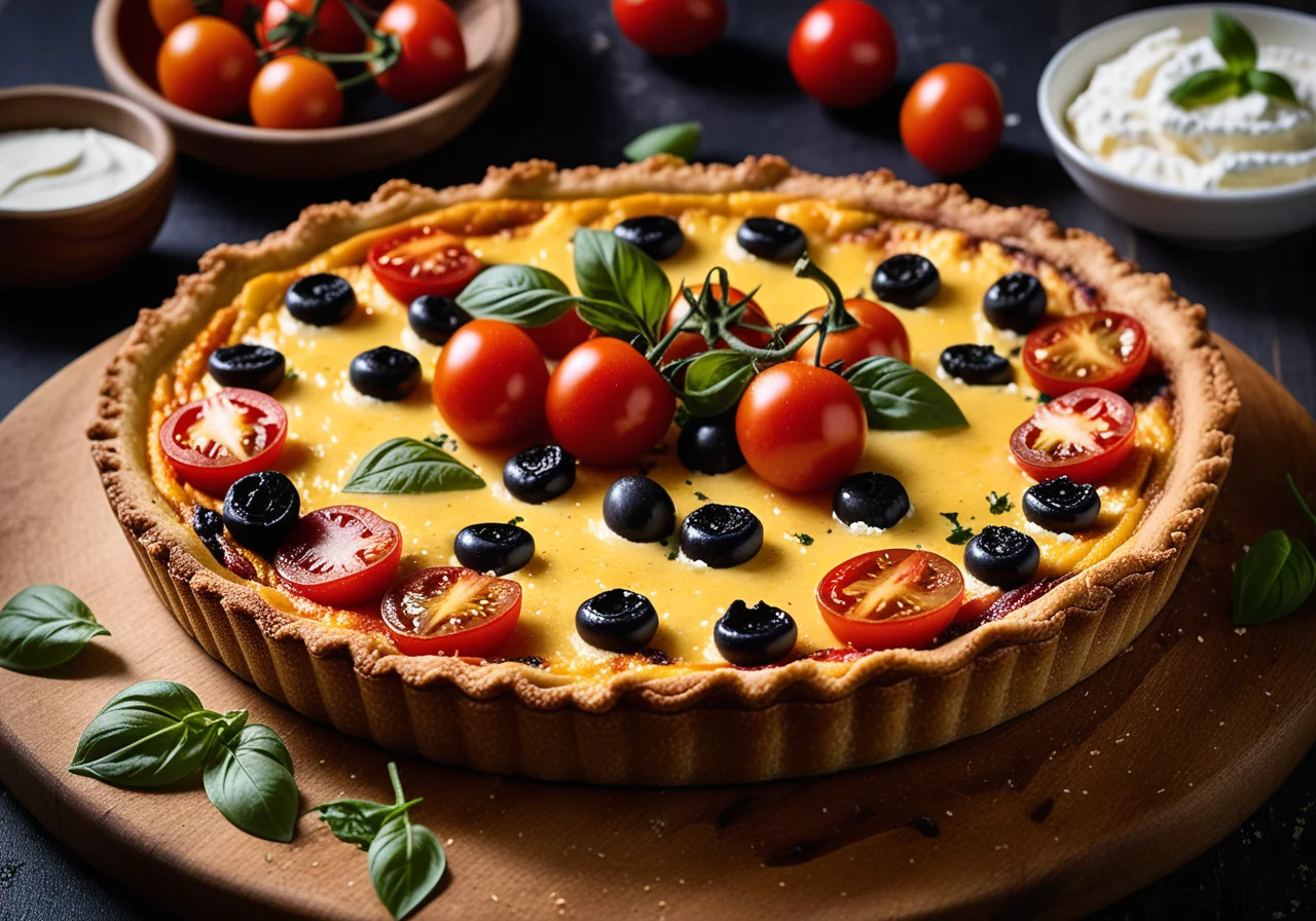 Quiche with Ricotta, Olives, Cocktail Tomatoes and Basil